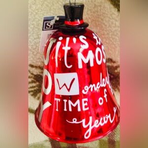 Christmas Ornament Red Silver Metal Bell Joy Sullivans